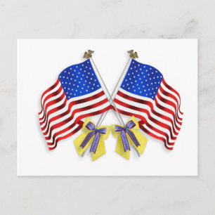 Support our troops yellow ribbons and Flags Postcard