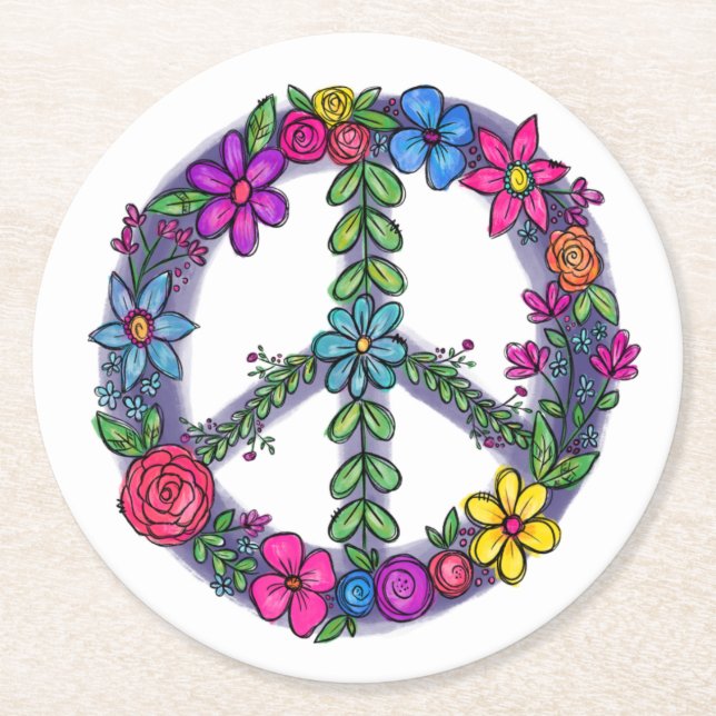 Support Peace Sign Anti-War Flowers Round Paper Coaster (Front)