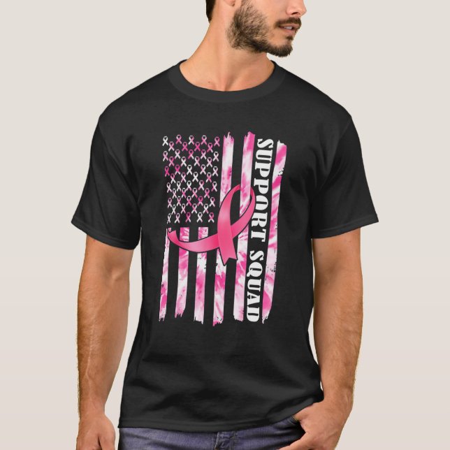Support Squad American USA Flag Pink Ribbon Breast T-Shirt (Front)