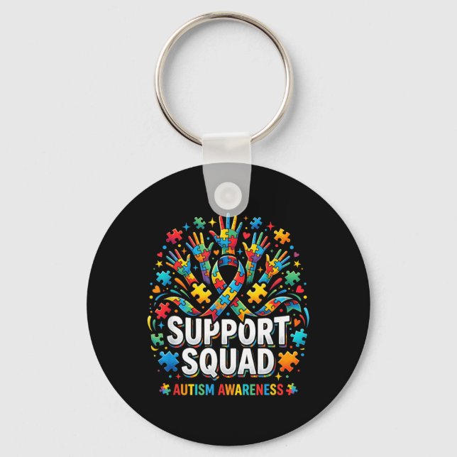 Support Squad Autism Awareness Puzzle Ribbon Hands Key Ring (Front)