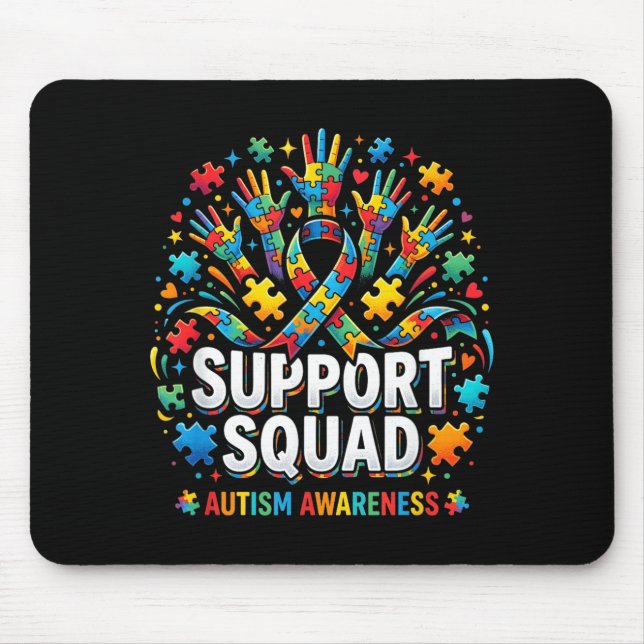 Support Squad Autism Awareness Puzzle Ribbon Hands Mouse Mat (Front)