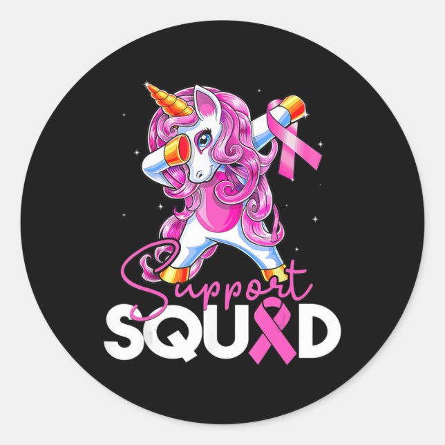 Support Squad Breast Cancer Awareness Pink Unicorn Classic Round Sticker (Front)