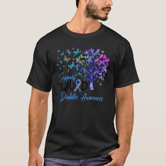 Support Squad Fall Tree Blue Ribbon Diabetes Aware T-Shirt (Front)