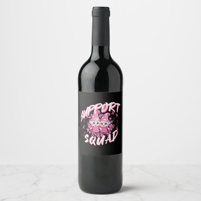 Support Squad Gnome Warrior Breast Cancer Awarenes Wine Label (Front)