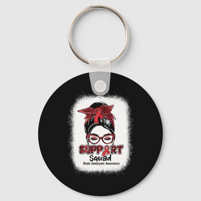 Support Squad Messy Bun Burgundy Ribbon Brain Aneu Key Ring (Front)