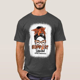 Support Squad Messy Bun Orange Ribbon ADHD Awarene T-Shirt