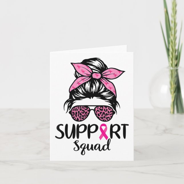 Support Squad Messy Bun Pink Breast Cancer Awarene Card (Front)