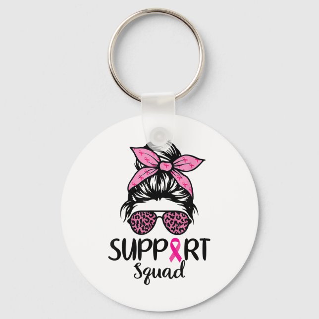 Support Squad Messy Bun Pink Breast Cancer Awarene Key Ring (Front)