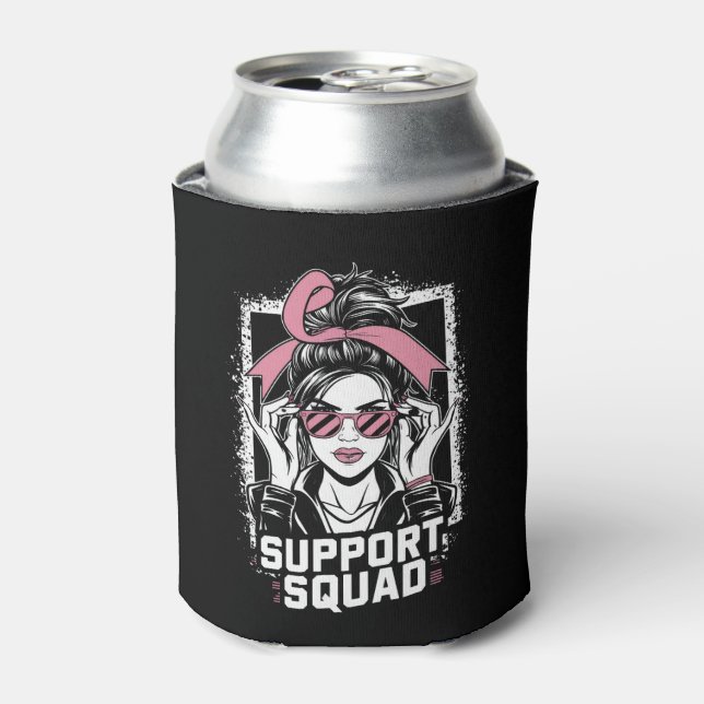 Support Squad Messy Bun Pink Warrior Breast Cancer Can Cooler (Can Front)