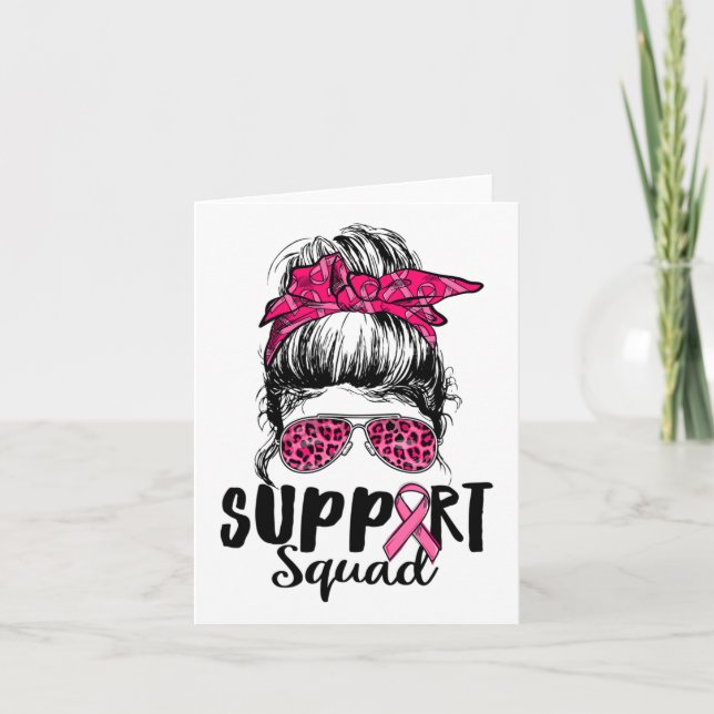Support Squad Messy Bun Pink Warrior Breast Cancer Card (Front)