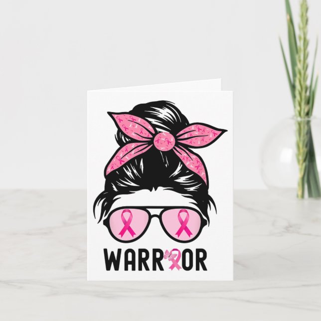 Support Squad Messy Bun Pink Warrior Breast Cancer Card (Front)