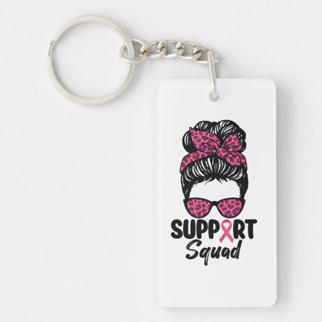 Support Squad Messy Bun Pink Warrior Breast Cancer Key Ring (Front)
