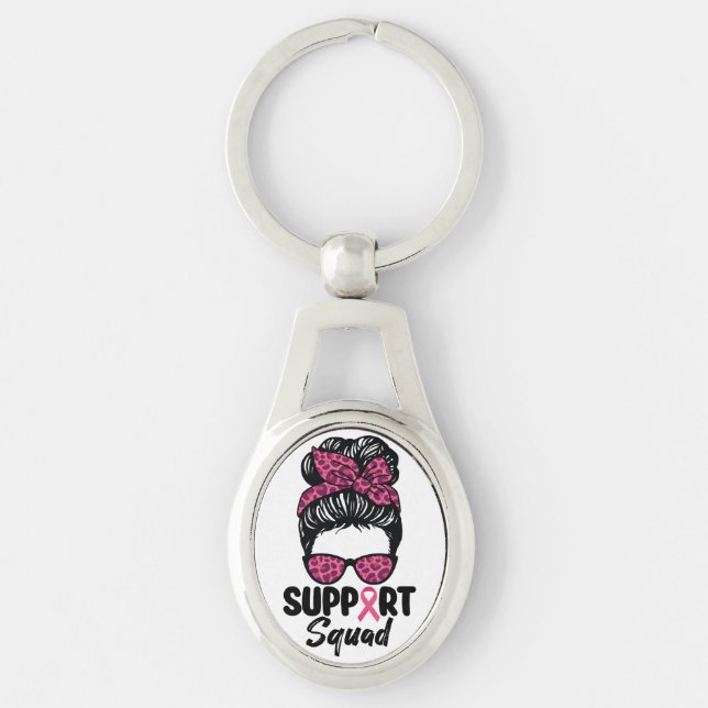 Support Squad Messy Bun Pink Warrior Breast Cancer Key Ring (Front)