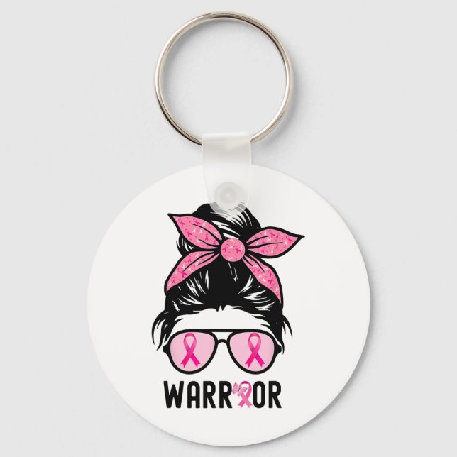 Support Squad Messy Bun Pink Warrior Breast Cancer Key Ring (Front)