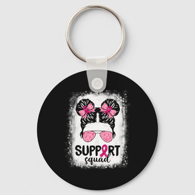 Support Squad Messy Bun Pink Warrior Breast Cancer Key Ring (Front)