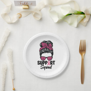 Support Squad Messy Bun Pink Warrior Breast Cancer Paper Plate