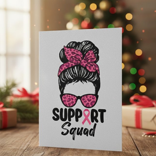 Support Squad Messy Bun Pink Warrior Breast Cancer Thank You Card (Creator Uploaded)