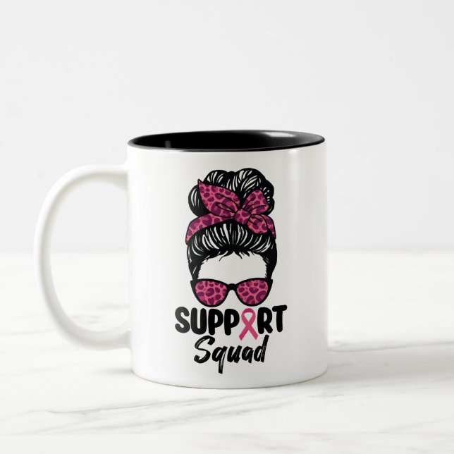 Support Squad Messy Bun Pink Warrior Breast Cancer Two-Tone Coffee Mug (Left)