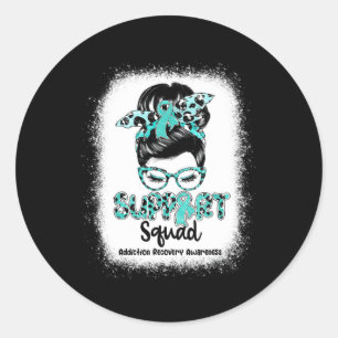Support Squad Messy Bun Teal Ribbon Addiction Reco Classic Round Sticker
