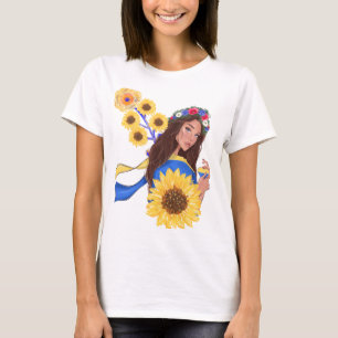Support Ukraine Brown Hair Woman with Sunflowers T-Shirt