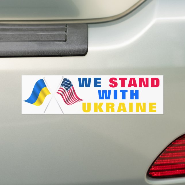 Support Ukraine Bumper Sticker USA Ukrainian Flags (On Car)