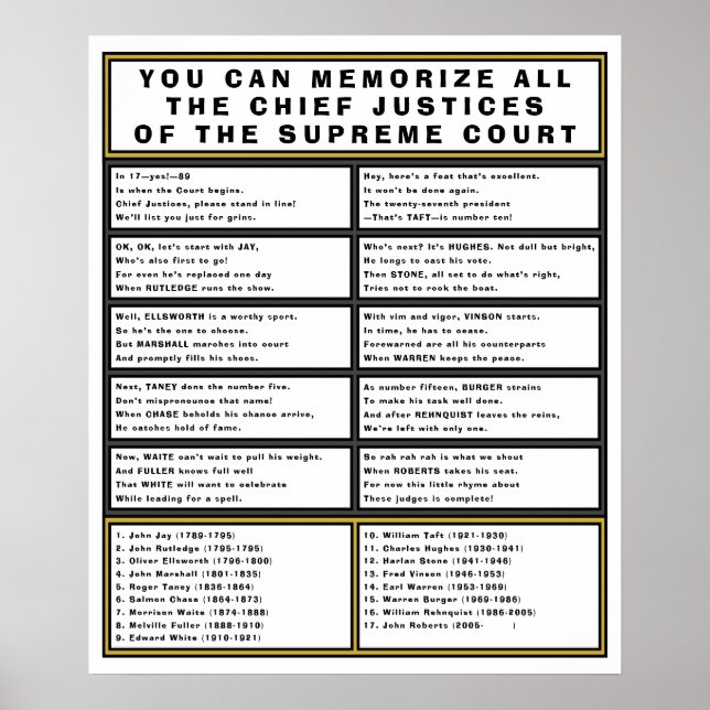 Supreme Court Chief Justice Fun U.S. History Poem Poster (Front)