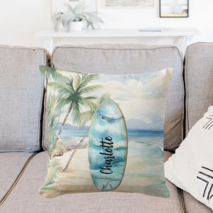 Surboard beach palm trees name cushion