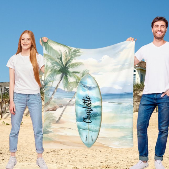 Surboard beach palm trees name fleece blanket (Creator Uploaded)