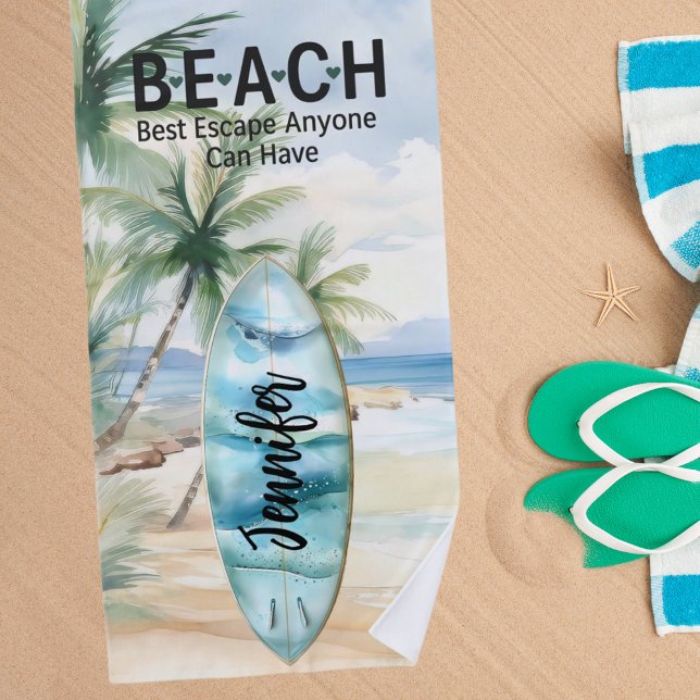 Surboard beach palm trees name quote beach towel (Creator Uploaded)