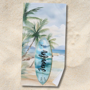 Surboard beach palm trees name towel