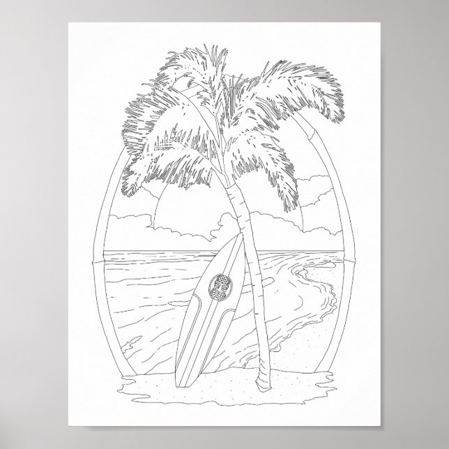 Surf Beach Adult Colouring Poster (Front)