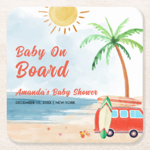 Surf Beach Baby On Board Baby Shower  Square Paper Coaster