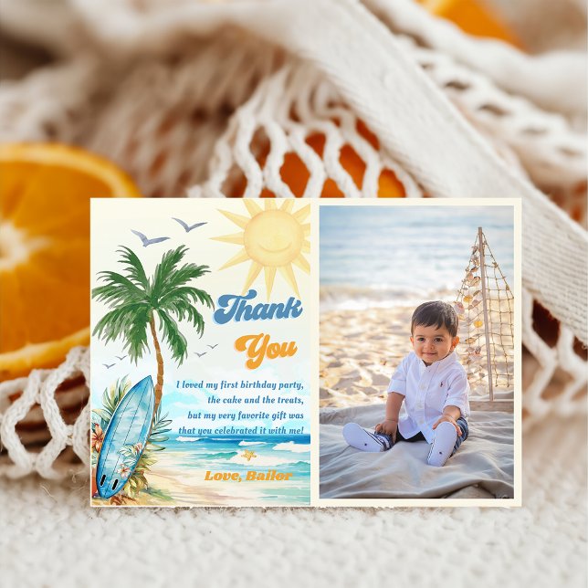 Surf Beach Birthday Party Photo Thank You Card (Creator Uploaded)
