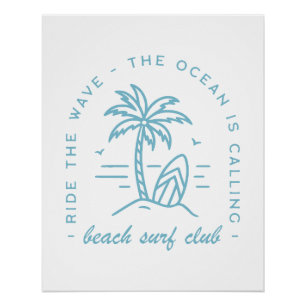 Surf beach club surfing ocean blue boho aesthetic poster
