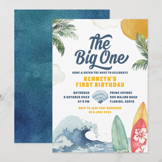 Surf Beach Summer Big One First Birthday Invitatio Invitation (Front/Back)