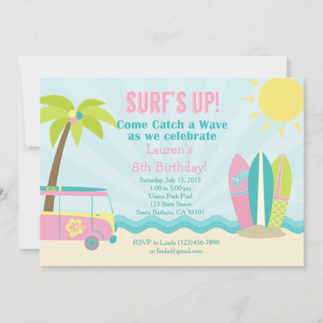 Surf Birthday Invitation for Girl in Pink! (Front)