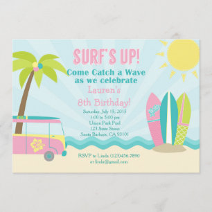 Surf Birthday Invitation for Girl in Pink!