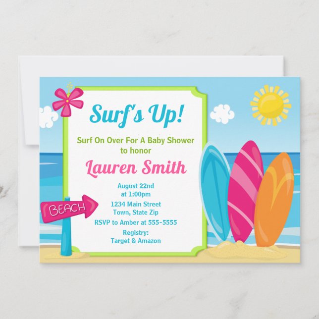 Surf Board Baby Shower Invitation Surfer Girl (Front)