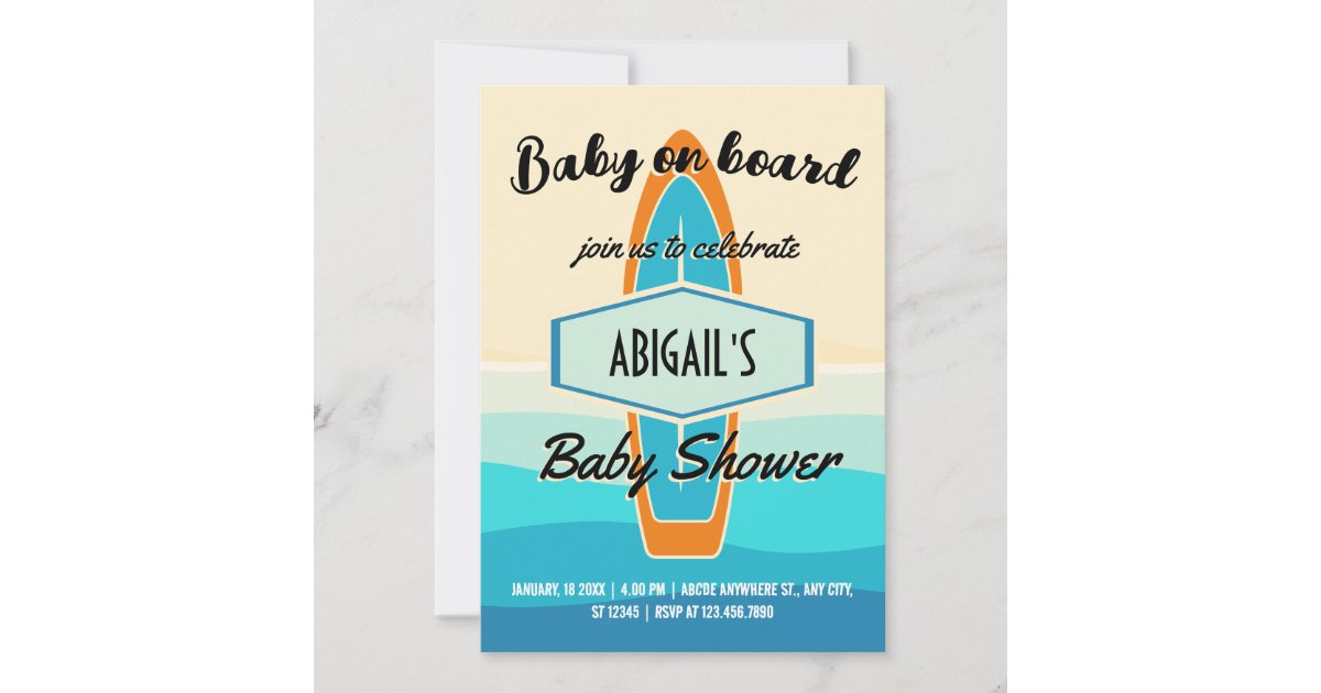 Surf board beach baby shower invitation | Zazzle
