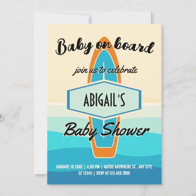 Surf board beach baby shower invitation (Front)