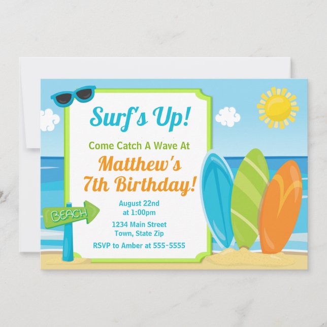 Surf Board Birthday Invitation Surf Beach Party (Front)