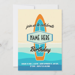 Surf board on beach birthday invitation