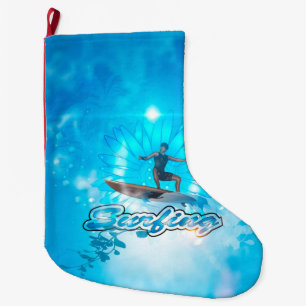 Surf boarders on blue background large christmas stocking