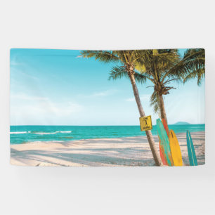 Surf boards on beach throw pillow banner