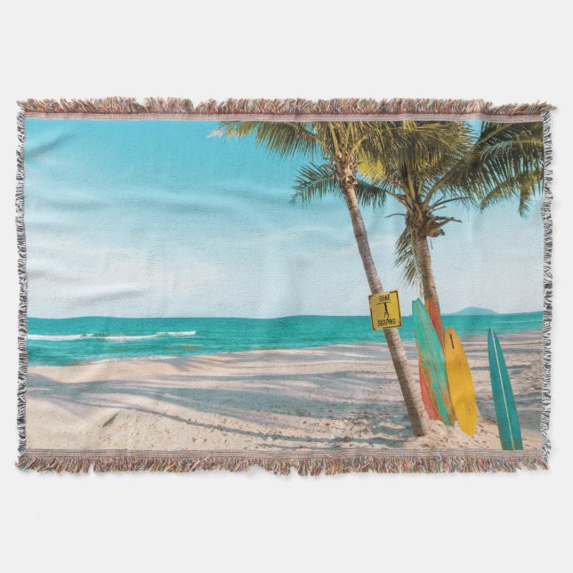 Surf boards on beach throw pillow blanket (Front)