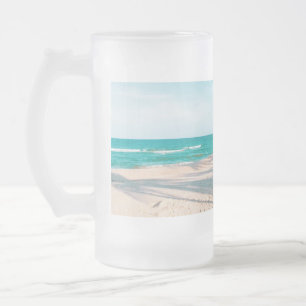 Surf boards on beach throw pillow frosted glass beer mug