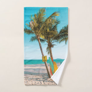 Surf boards on beach throw pillow hand towel
