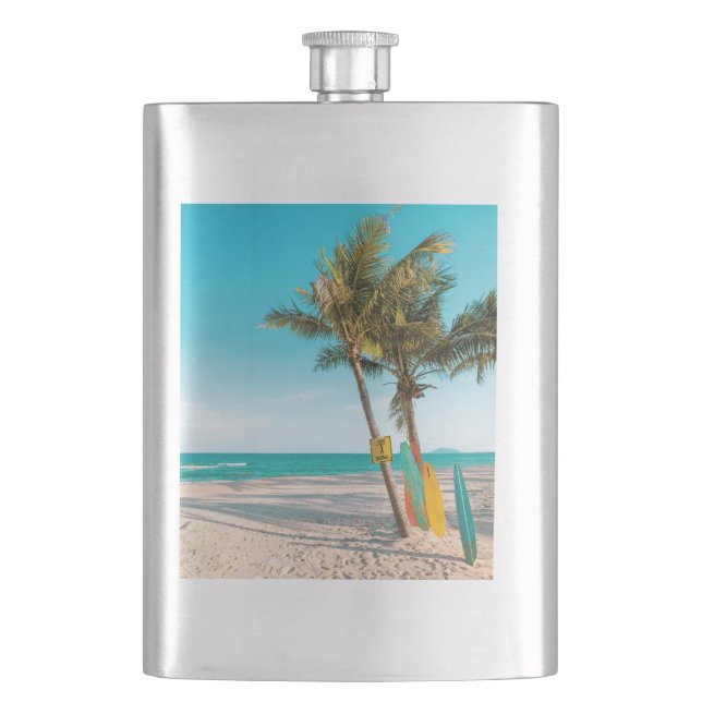 Surf boards on beach throw pillow hip flask (Front)