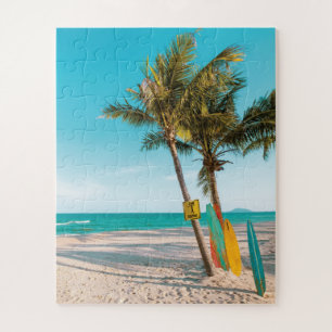 Surf boards on beach throw pillow jigsaw puzzle