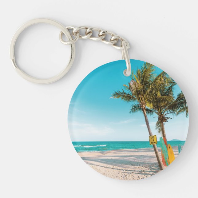 Surf boards on beach throw pillow key ring (Front)